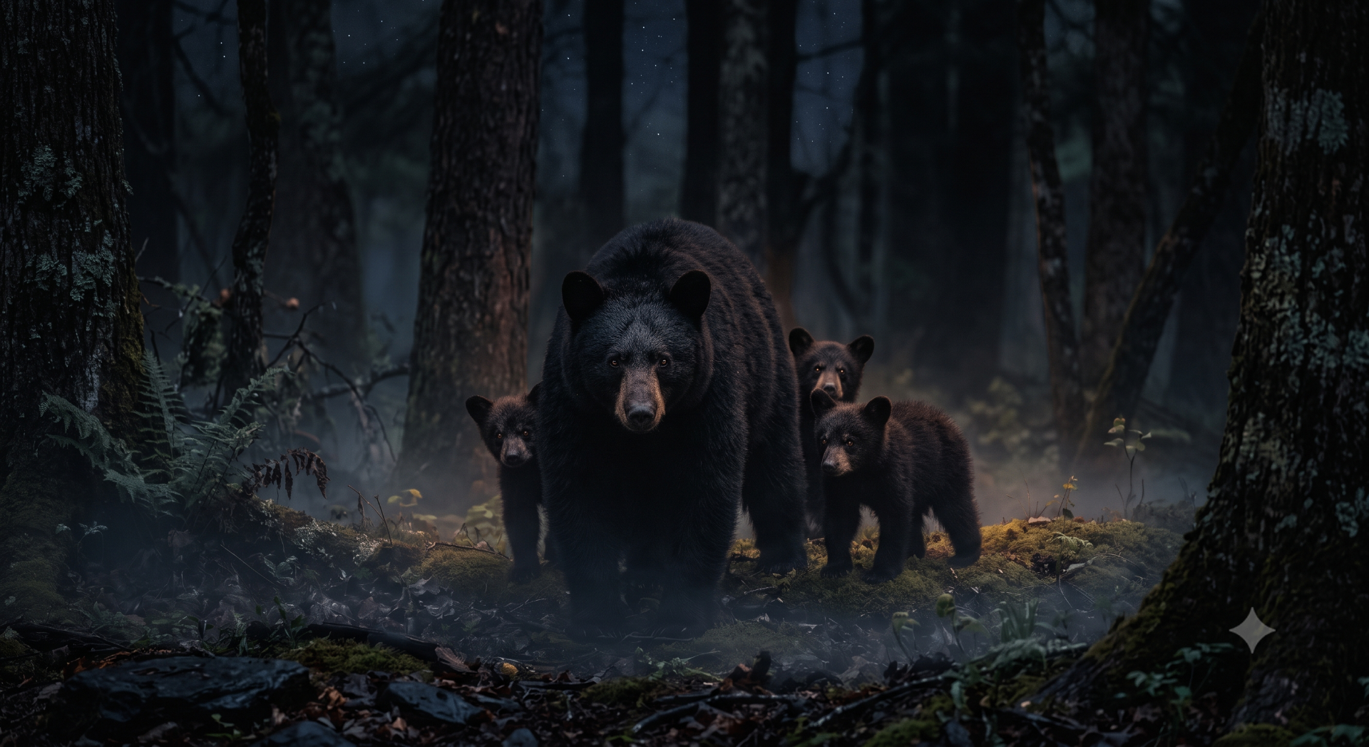Black bear family in the misty Smoky Mountain forest