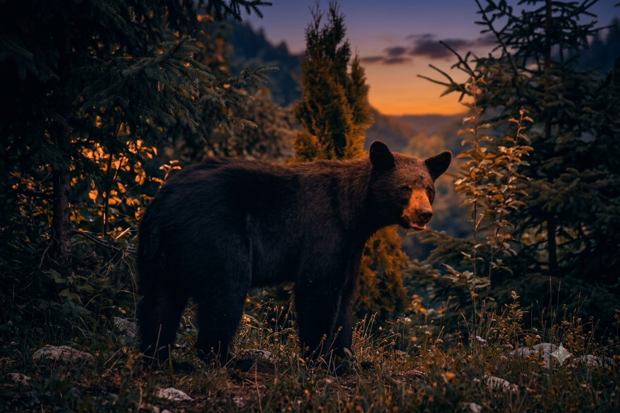 Black bear at sunset in the Smoky Mountain forest